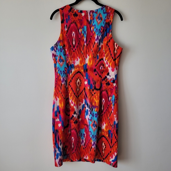 Belle Badgley Mischka Ikat Cotton Multi Color Sleeveless Sheath Dress Size 10 - Picture 3 of 15